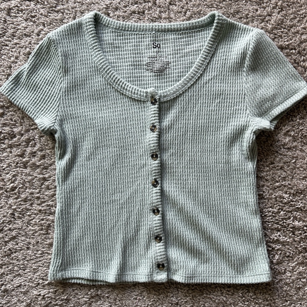 SO Light Green Knit Button Down Cropped Top